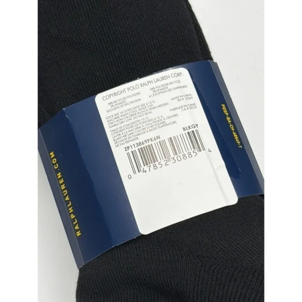 Ralph Lauren Polo Mens Black Classic Sport Half Cushioned Socks 6 Pairs Sz 10-13